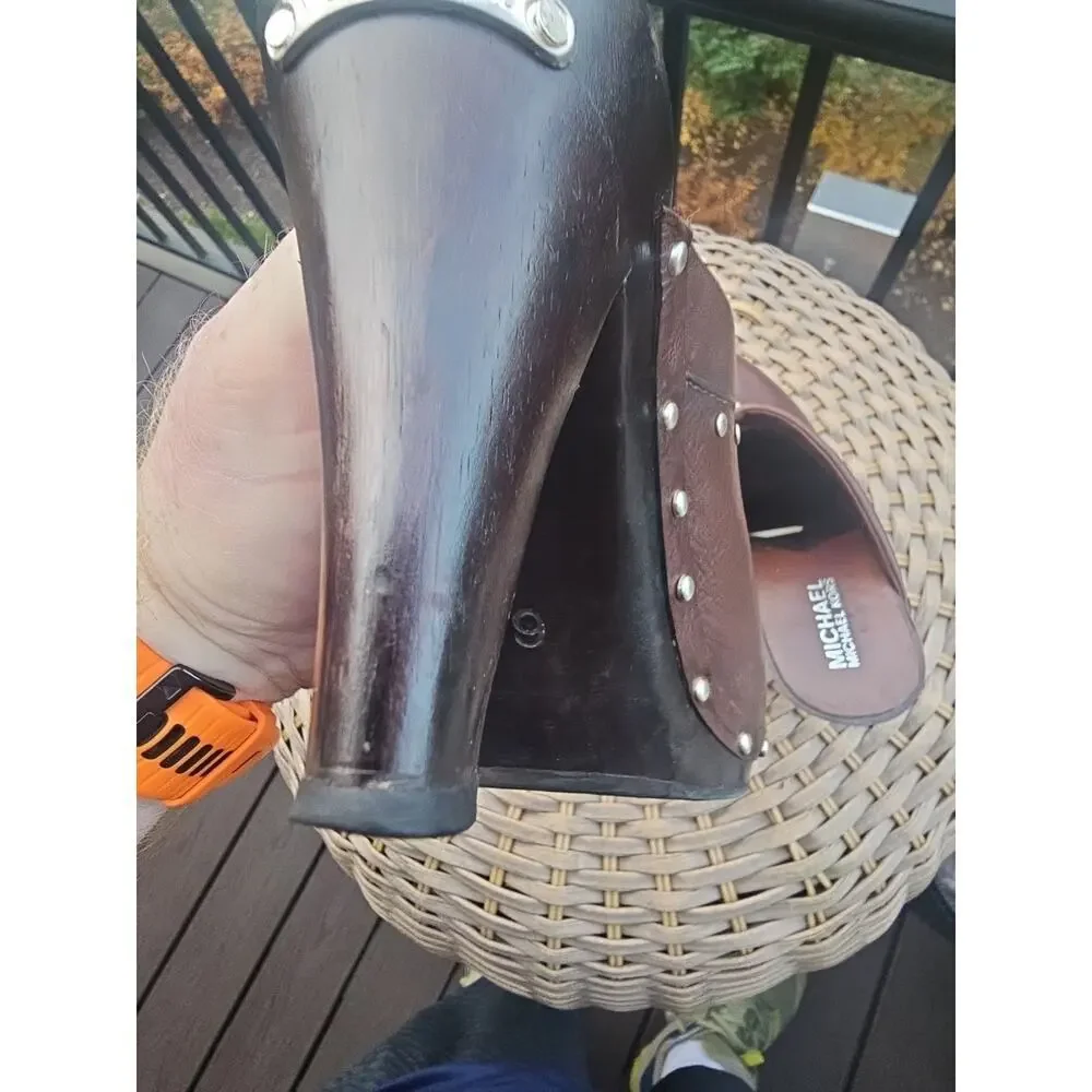 MICHAEL KORS Clogs ASTOR Heels Brown w Silver Studs MK Slip On US 6 $215